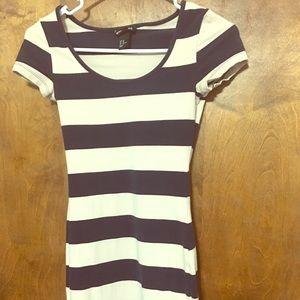 Navy blue and tan striped basic bodycon dress